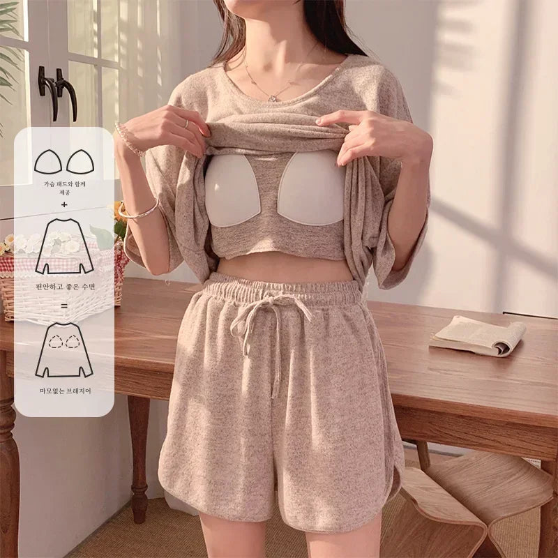 Hot with Chest Pad Pajamas Women 2025 New Summer Pure Cotton Short sleeve Shorts Set Spring and Autumn Loose Homewear