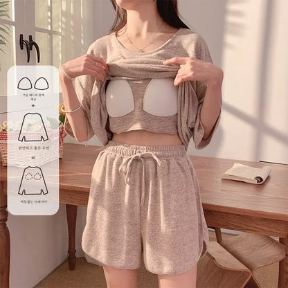 Hot with Chest Pad Pajamas Women 2025 New Summer Pure Cotton Short sleeve Shorts Set Spring and Autumn Loose Homewear