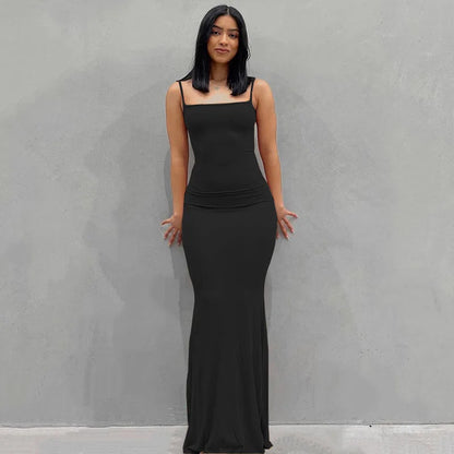 Europe and the United States cross-border foreign trade women 2024 solid color sexy slim high step slip dress black