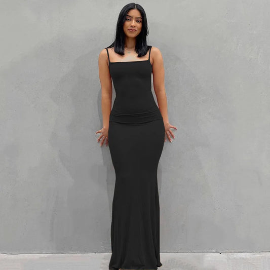 Europe and the United States cross-border foreign trade women 2024 solid color sexy slim high step slip dress black