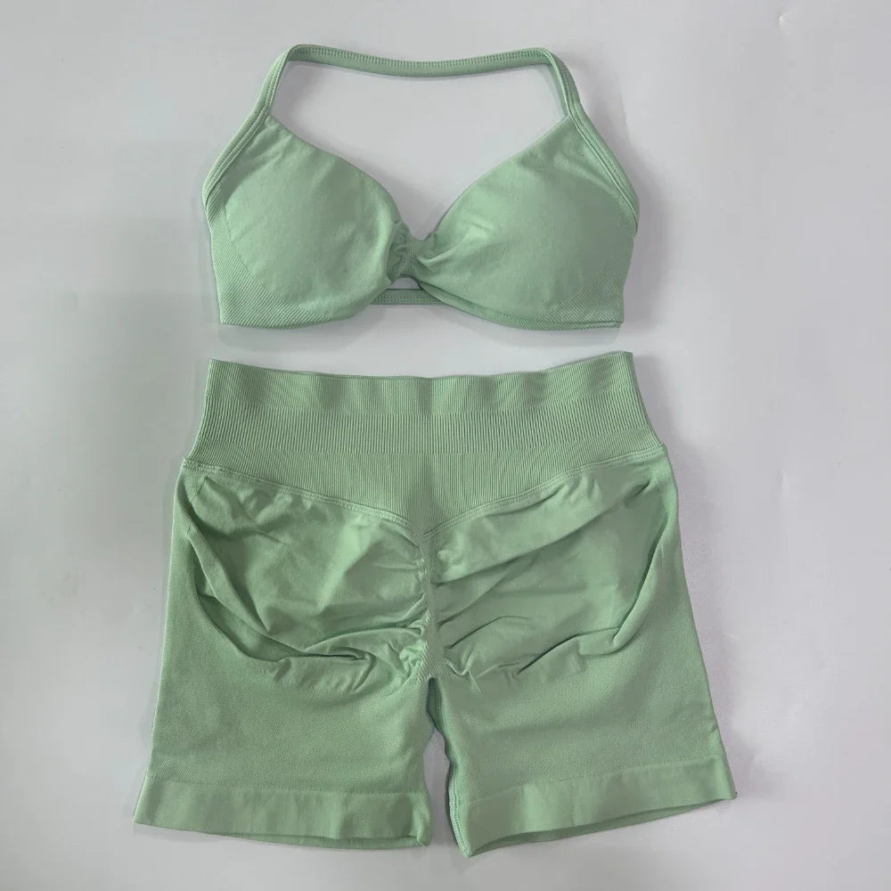 NO LOGO 2PCS Gym Set Women Strappy Yoga Bra Top High Waist Workout Scrunch Shorts Sports Suit Seamless Yoga Set Fitness Clothes Badiee Stylez