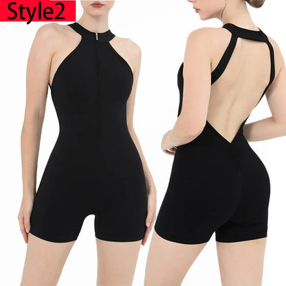 Scrunch Gym Jumpsuit Women's Fitness Suit Short Sets Sports Overalls for Woman Tracksuit Yoga Clothing Zipper Workout Sportswear Style2 Black