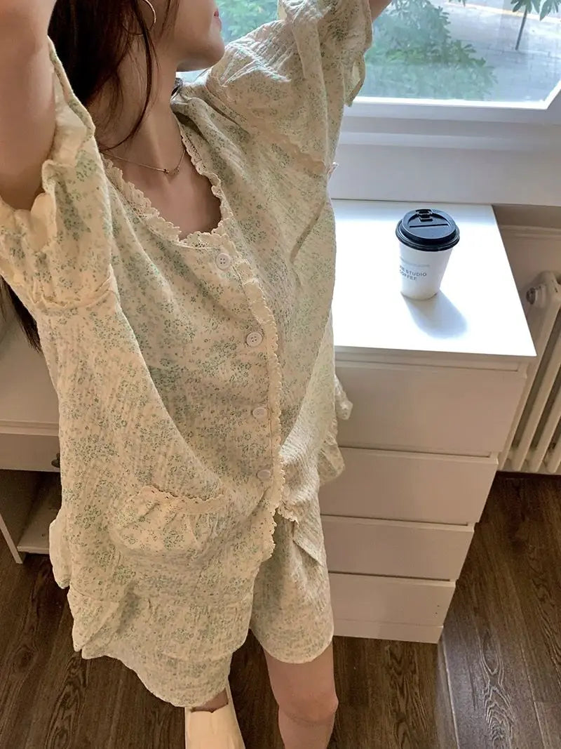 Ruffles Women Pajamas Sets for Home Summer Floral Sleepwear Shorts Sleeve Lace 2 Pieces Button Night Wears Korean Home Suit 2024