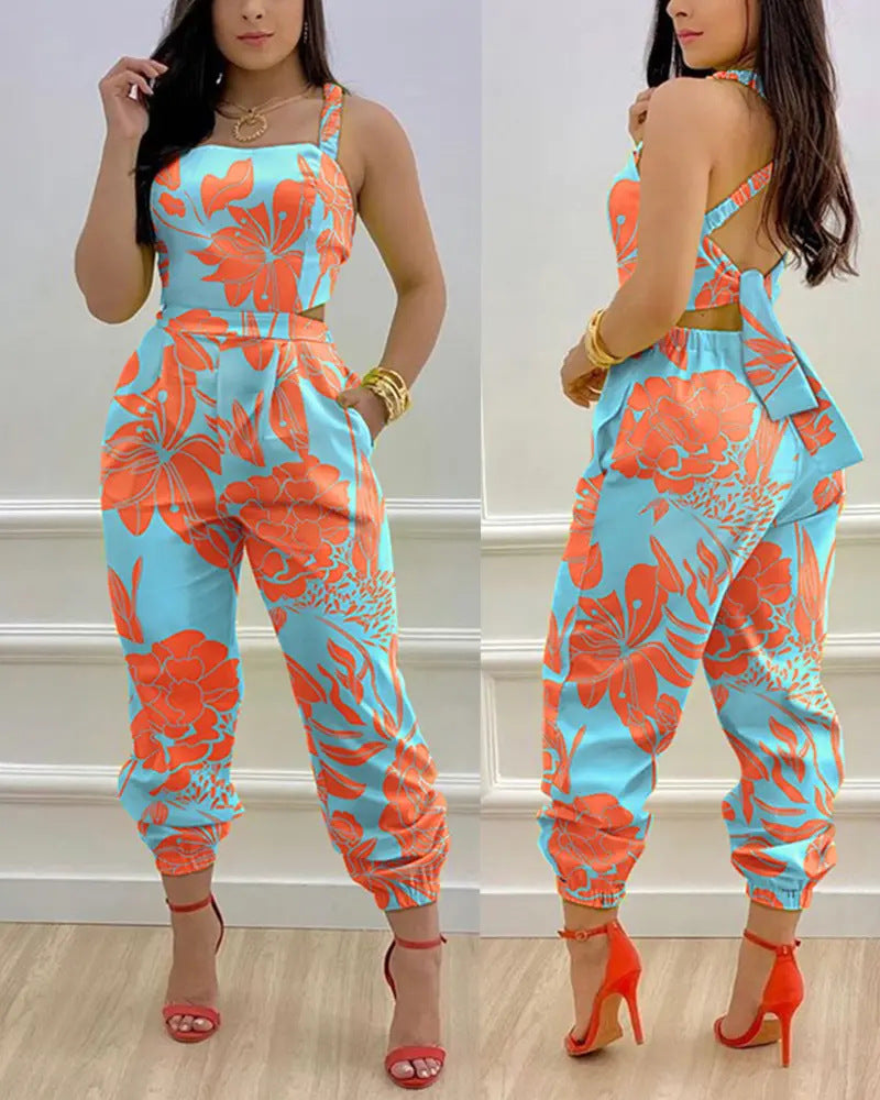 Women Printed Letter Jumpsuits Sleeveless V Neck Suspenders Backless High Waist Trousers Overall Rompers Pockets One Piece