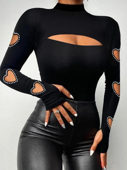 New Women Slim Fit Top Stylish Autumn Winter Sexy Blouse Mock Neck Bodycon Hollow Long Sleeve Tee Shirt With Stitching Beads black CHINA