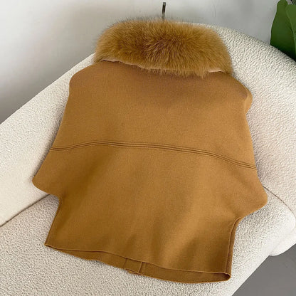 FURYOURSELF 2025 New Real Fox Raccoon Fur Collar Coat Knitted Sweater Women Short Sleeve Jacket Thick Warm Outerwear streetwear