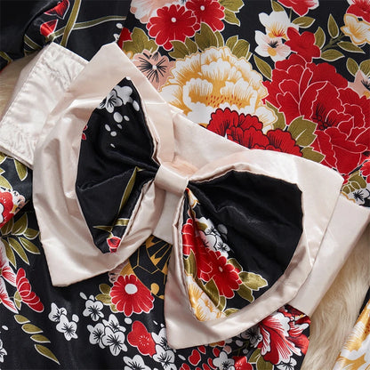 Japanese Sexy Print Kimono Slim Fit V-Neck Nightgown Loose Petal Sleeves Women's Erotic Lingerie Mini Irregular Patchwork Dress