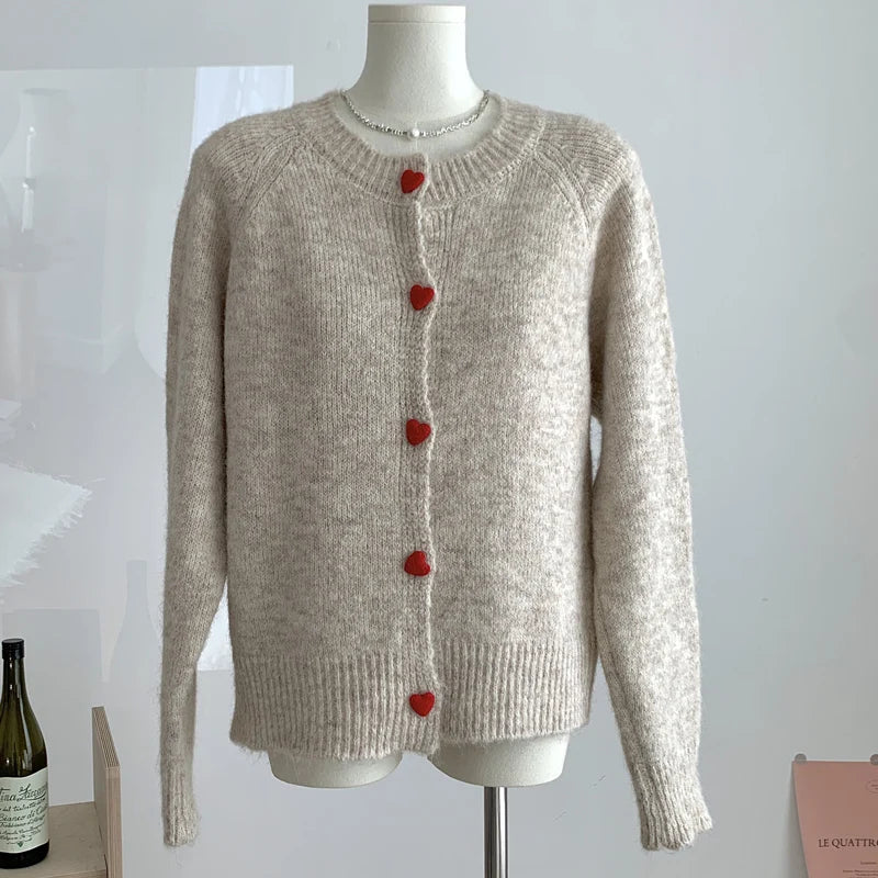 DGLUKE Crew Neck Knit Cardigan For Women Long Sleeve Fluffy Cashmere Sweater Coat Autumn Winter Button Through Cardigans Korean Khaki One Size