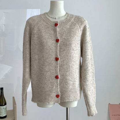 DGLUKE Crew Neck Knit Cardigan For Women Long Sleeve Fluffy Cashmere Sweater Coat Autumn Winter Button Through Cardigans Korean Khaki One Size