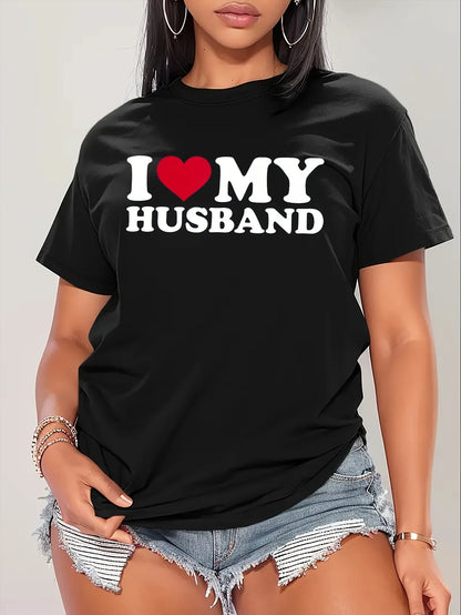 Women's Easy-Care Heart I Love My Husband Print Tee - Comfy Stretch Crew Neck Top for Chic Summer Style FQ309V Black