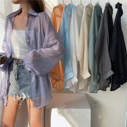 Semi Sheer Long Sleeve Shirt for Women Shimmer Button Down Collared Plain Lightweight Shirt Spring Summer Chic Tops Outfit