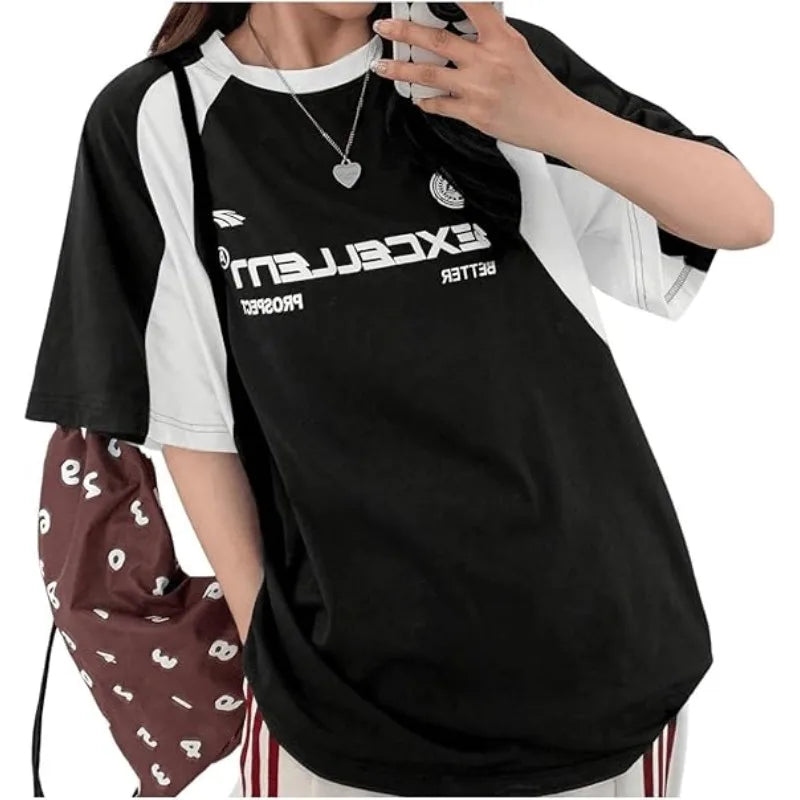 Women's Contrast Letters Printed Round Neck Short Sleeve T-Shirt Summer Women Clothing Fashion Korean Y2K Streetwear Tops