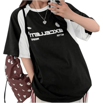 Women's Contrast Letters Printed Round Neck Short Sleeve T-Shirt Summer Women Clothing Fashion Korean Y2K Streetwear Tops
