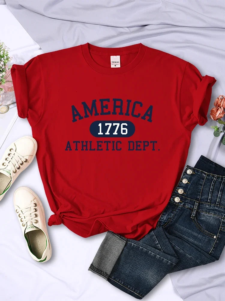 America 1776 Athletic Dept Letter T-Shirt Female Sport Casual Crop Top Cool Hip Hop Tee Shirt Soft Breathable T Shirt Women H2031-red