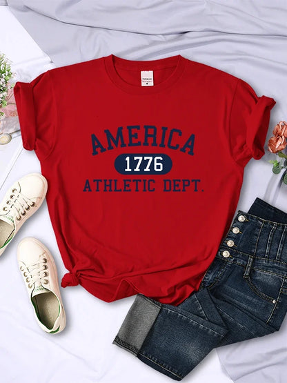 America 1776 Athletic Dept Letter T-Shirt Female Sport Casual Crop Top Cool Hip Hop Tee Shirt Soft Breathable T Shirt Women H2031-red