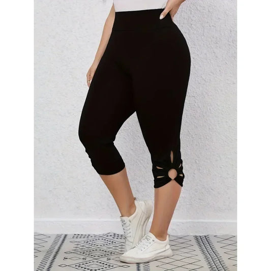 Plus Size S-8XL Women's High Waisted and High Elastic Tight Pants Summer Hollow Out Solid Color Elegant Yoga Pants Cropped Pants black