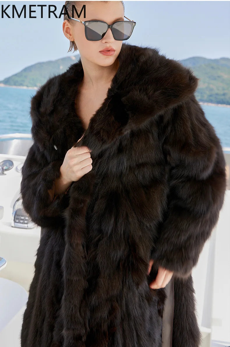 100% Natural Sable Fur Jacket Woman High Quality Long Real Fur Coat with Hood Winter Coats Women Clothing 2025 шуба женская Badiee Stylez