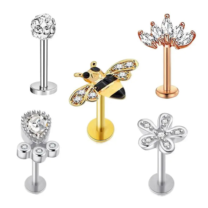 5PCS Flower Tragus Piercing Set Flat Back Cz Cartilage Stud Earring Helix Jewelry Conch Rook Stud Lot Labret Lip Piercing Bulk 5PCS Set15