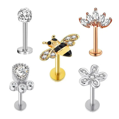 5PCS Flower Tragus Piercing Set Flat Back Cz Cartilage Stud Earring Helix Jewelry Conch Rook Stud Lot Labret Lip Piercing Bulk 5PCS Set15