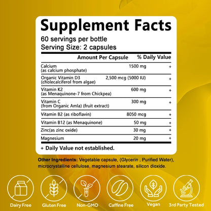 Vitamin D3 + K2 + B2 + B12, Vitamin Supplement for Immune, Heart, Joint, Dental & Bone Health - Easy to Absorb, 120 Capsules