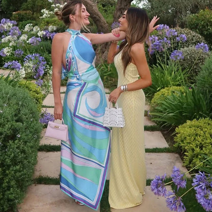 Summer Sexy Print Sleeveless Halter Shirt Skirt Two Piece Set Women Retro Pattern Print Satin Outfit Women Beach Holiday Clothes
