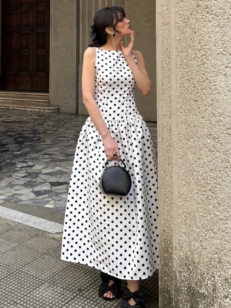 Fashion Polka Solid Slim Vestido Lady Elegant Chic Sleeveless Off Shoulder Pleat Square Neck Maxi Dress Summer Dinner Party Wear