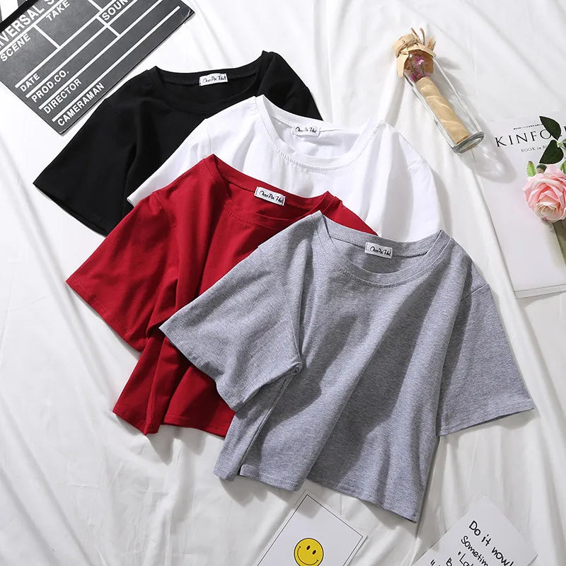 Summer Short Sleeve T Shirts Women Cotton Solid T-shirt O Neck High Waist Crop Top Tee Female Casual Loose T Shirt Badiee Stylez