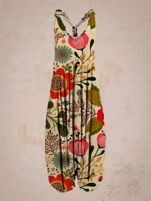 Bohemian Women's V-neck Sleeveless Jumpsuit Retro Ethnic Halter Top Harem Pants Beach Fashionable Casual Floral Print Jumpsuit 12