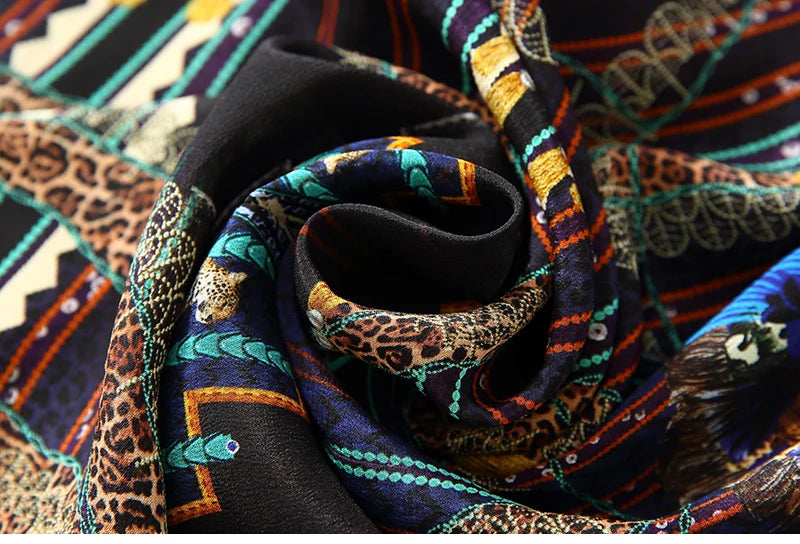 2025 Summer Bohemian Dresses For Women Elegant V-neck High Waist Women's Print Black Dress A-line 100% Real Silk Long Midi Dress Badiee Stylez