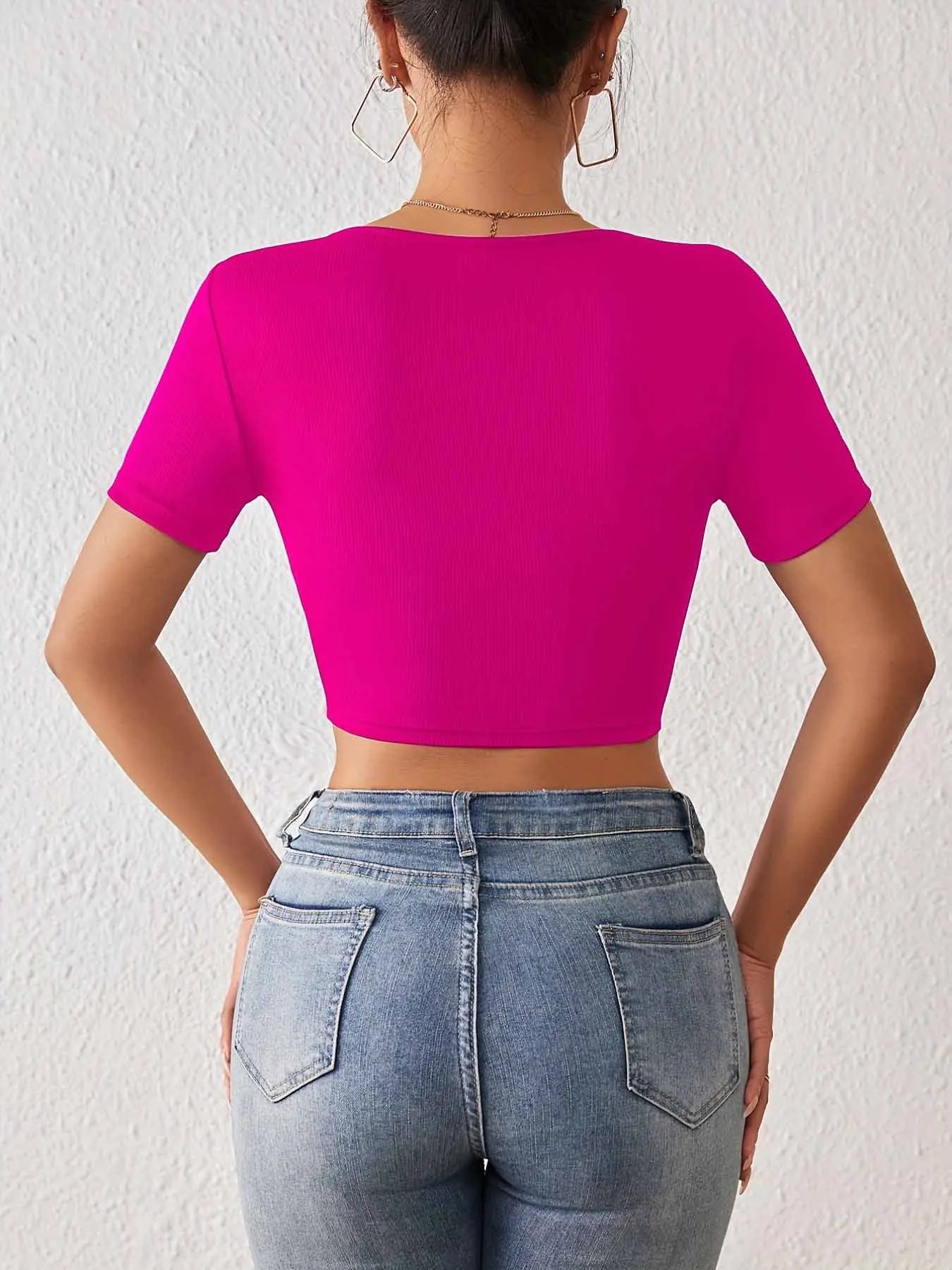 Solid Square Neck Crop T-Shirt Y2K Sexy Short Sleeve T-Shirt For Spring & Summer Women's Clothing