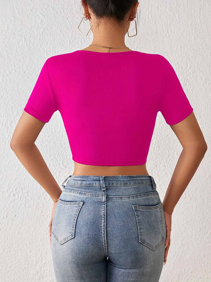 Solid Square Neck Crop T-Shirt Y2K Sexy Short Sleeve T-Shirt For Spring & Summer Women's Clothing