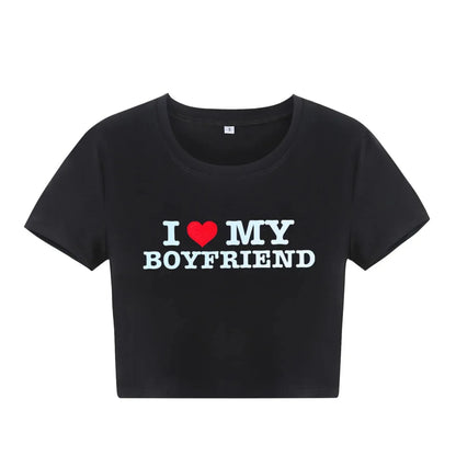 I LOVE MY BOYFRIEND Summer Fashion Girls Crop Tee Short Short Sleeve Women T-Shirt Casual Tops 90s Girls Ladies Female Luqi XY10-Black