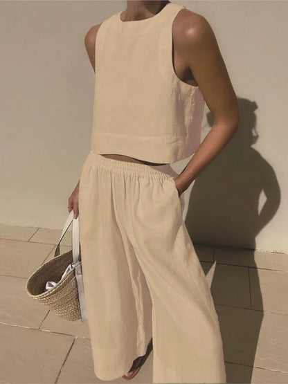 Women's Solid Color Casual Sleeveless Shirt And Pants Two Piece Summer Loose Simple Wide Leg Pants Vest Female 2025