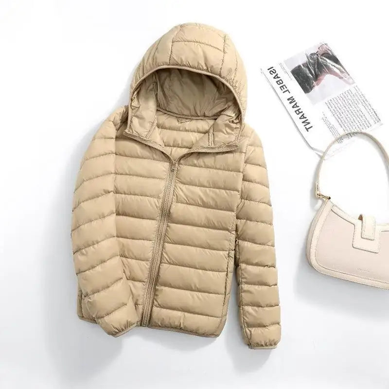 Plus Size 2023 Autumn and Winter New Women Lightweight Puffer Jacket Female Hooded Slim-fit White Duck Down Warm Short Coats Champagne