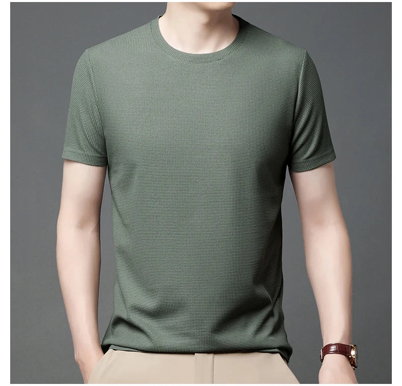 New Summer Waffle Round Neck Short Sleeved T-shirt for Men's Short Sleeved Top Badiee Stylez