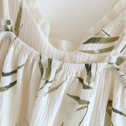 2025 Summer New Women's Two Piece Set of 100% Pure Cotton Crepe Cloth with Chest Cushion Sleepwear Sweet and Cute Home Fury