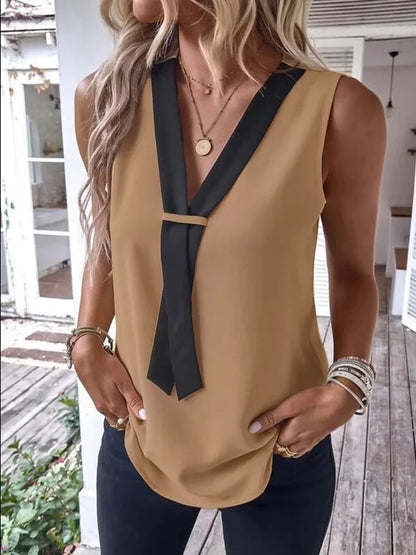 Fashion Sleeveless V-neck Tank Top Women Solid Casual Blouse Shirt 2023 Summer Elegant Office Womens Tops And Blouses