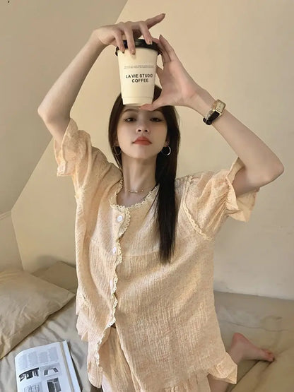 Ruffles Women Pajamas Sets for Home Summer Floral Sleepwear Shorts Sleeve Lace 2 Pieces Button Night Wears Korean Home Suit 2024