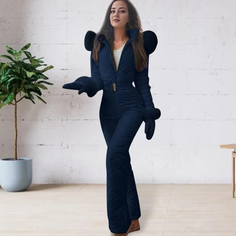 Women Winter Jumpsuit with Gloves Thickened Padded Snowsuit Hooded Windproof Outdoor Ski Outfit Ice Snow Warm Sports Jacket Badiee Stylez