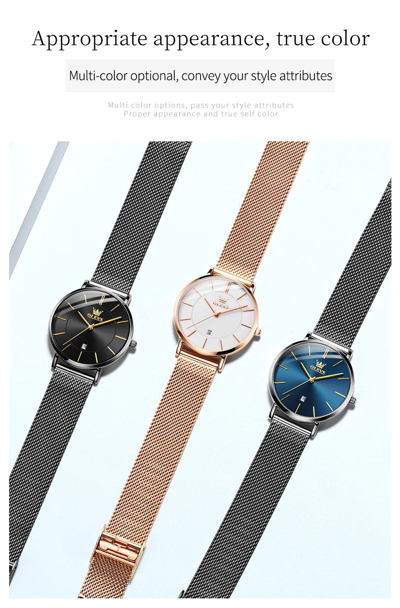 OLEVS Watch For Women Japan Quartz Movement 6.5mm Case Thickness Waterproof Ladies Hand Clock Calendar Fashion Dress Wrist Watch