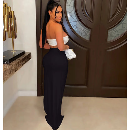 New Chic Gold Ring Bandeau Slit Skirt Two-Piece Set Womens Beautiful Off Shoulder Matching Skirt Set Nightclub Outfits Badiee Stylez