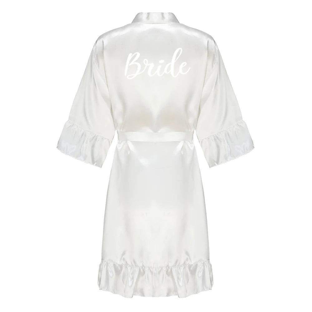 Wedding Bride Bridesmaid Robes for Women Bridal Party Gifts Team Dress Gown Silk Satin Sleepwear Kimono With Ruffle White Letter As the photo show 11
