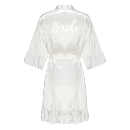 Wedding Bride Bridesmaid Robes for Women Bridal Party Gifts Team Dress Gown Silk Satin Sleepwear Kimono With Ruffle White Letter As the photo show 11