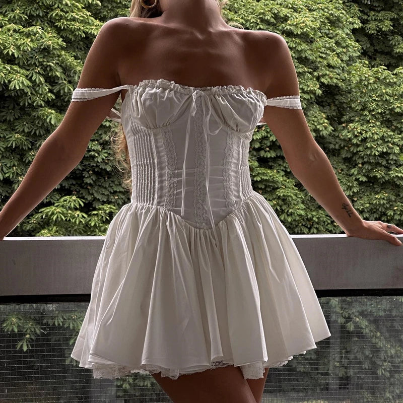 WhereMery Elegant Women Aesthetic Pleated Mini Dress Y2K White Sleeveless Square-neck Lace-up Off Shoulder Spring Party Dresses