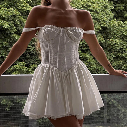 WhereMery Elegant Women Aesthetic Pleated Mini Dress Y2K White Sleeveless Square-neck Lace-up Off Shoulder Spring Party Dresses