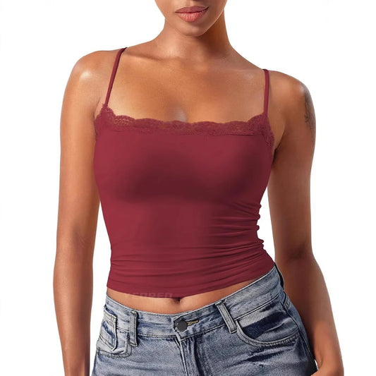 2025 Women Lace Tanks Top Spaghetti Strap Lace Square Neck Sleeveless Match Pants Soft Pullover Summer Camisole Women Clothes