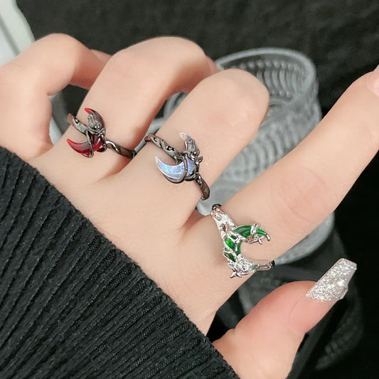 Y2K Moon Rose Ring Irregular Black Women Neo Gothic Hot Girl Design Sense Ring Anime Deep Red Moon Aesthetics Ring Jewelry Gift