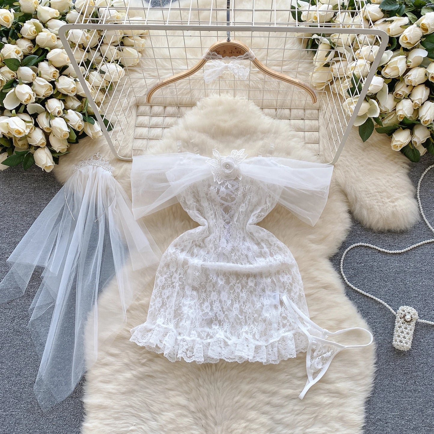 Japanese Sexy Print Kimono Slim Fit V-Neck Nightgown Loose Petal Sleeves Women's Erotic Lingerie Mini Irregular Patchwork Dress QD225-White-O