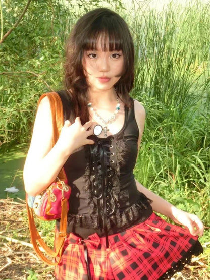 2025 Streetwear Lace Patchwork Tank Tops Women Y2k Aesthetic Halter Crop Top Sweet Bandage Off Shoulder Cross Drawstring Tanks