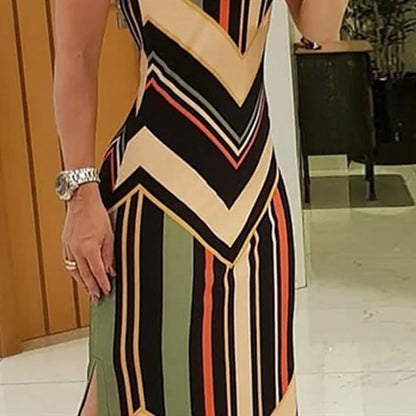 Colorful Striped Print Side Slit Maxi Dress Women Colorblock Sleeveless Slim Long Dresses Summer Streetwear Vestidos Para Mujer